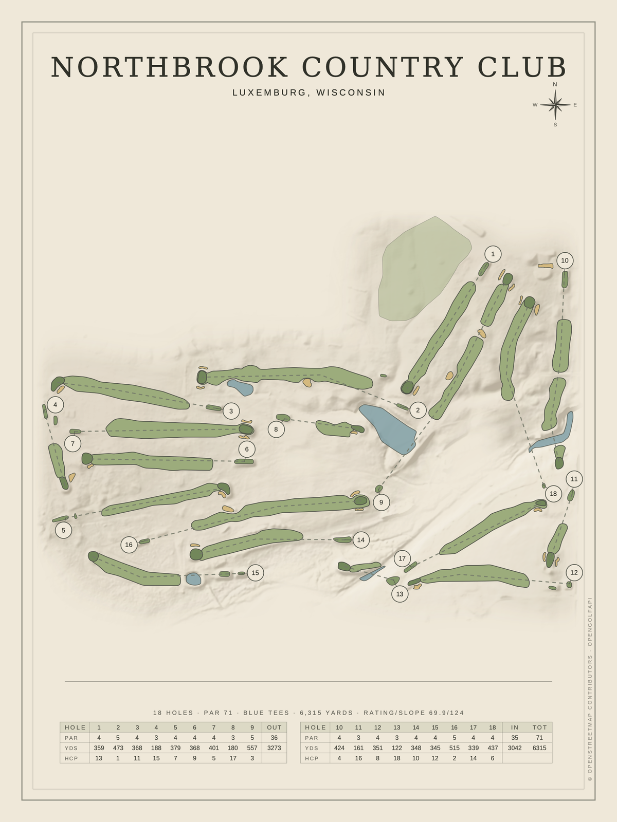 Northbrook Country Club course map poster, Classic style, 12×16 / 18×24