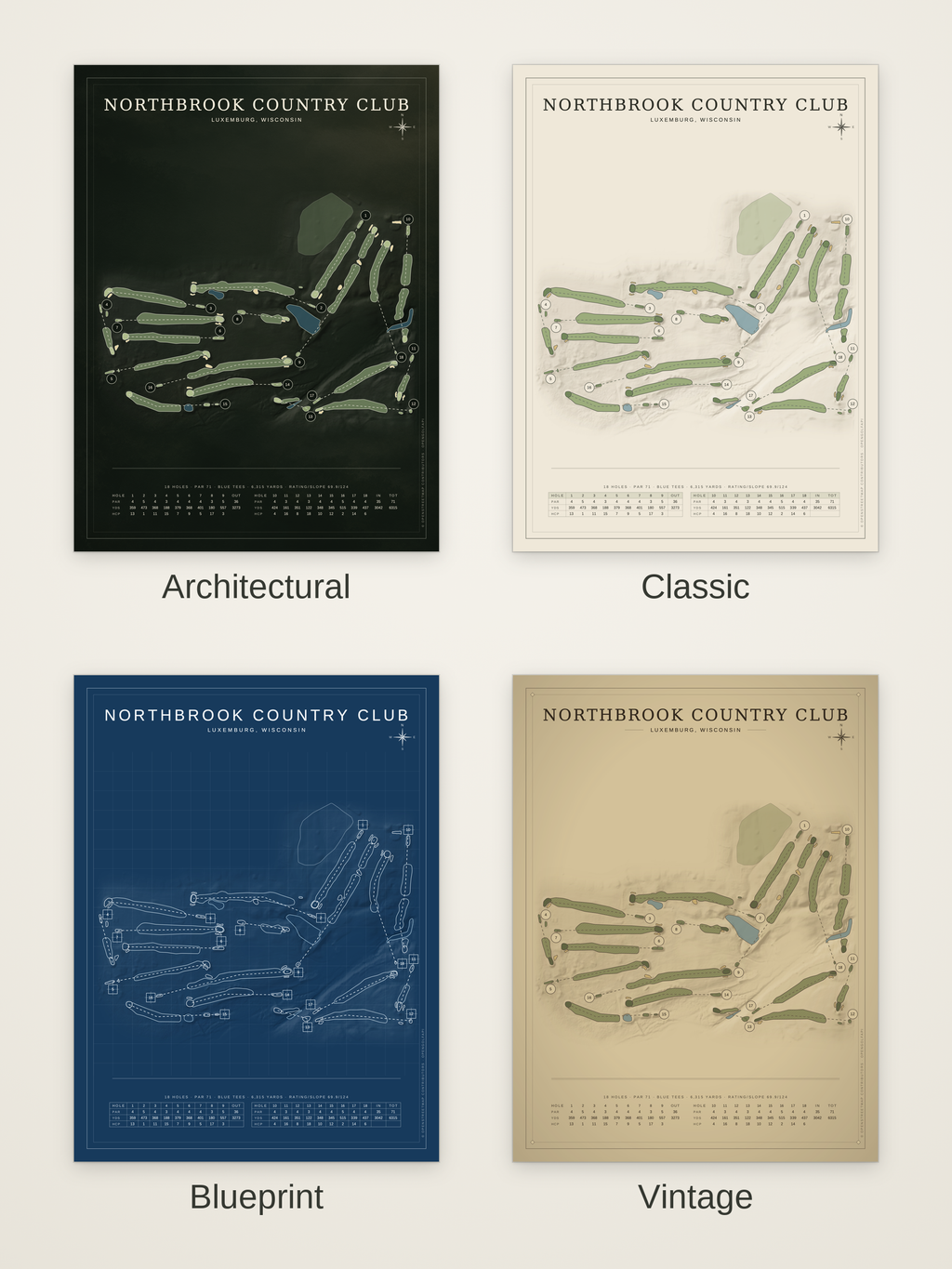 Northbrook Country Club course map poster in four styles: Architectural, Classic, Blueprint and Vintage