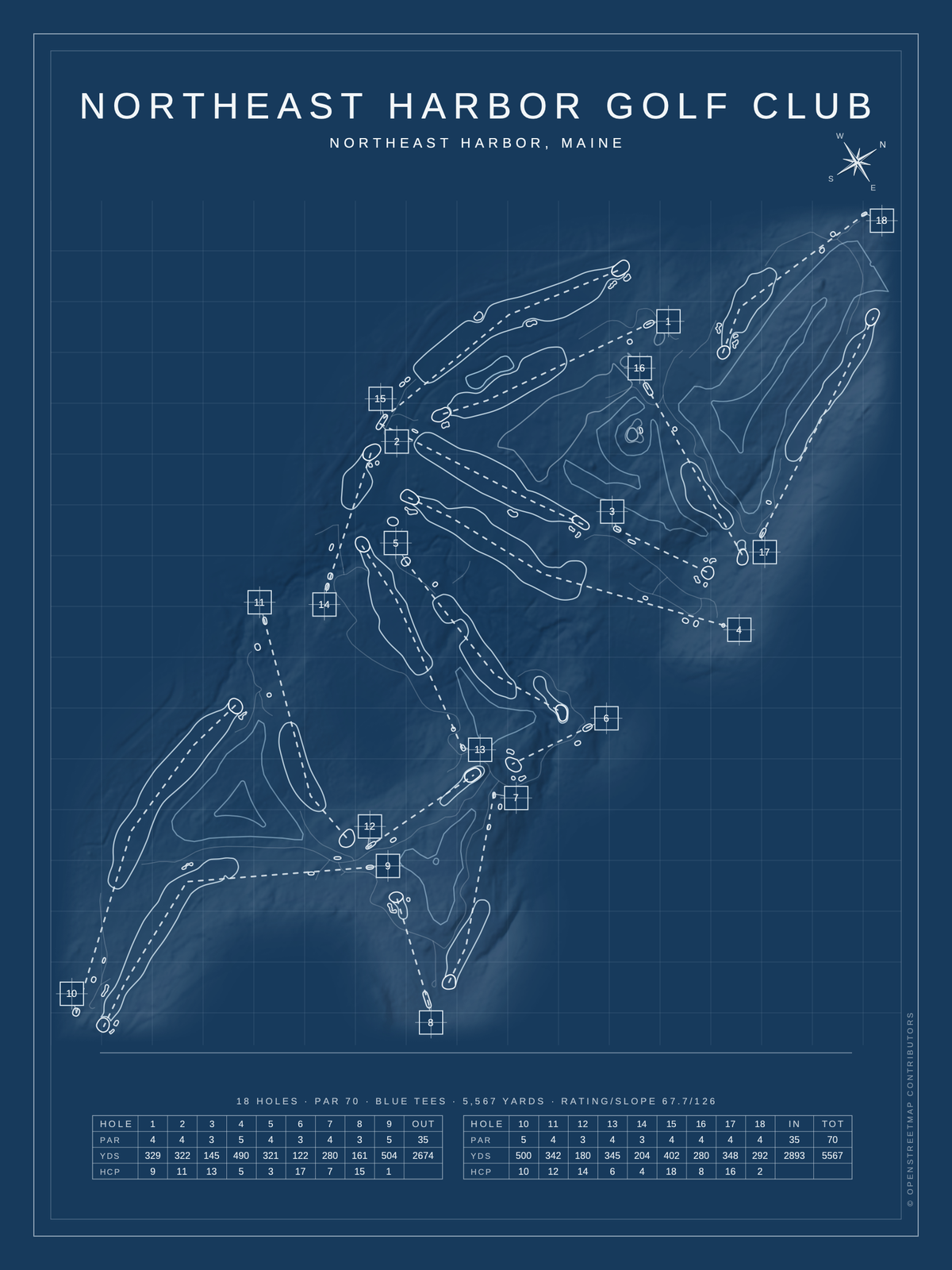 Northeast Harbor Golf Club course map poster, Blueprint style, 12×16 / 18×24