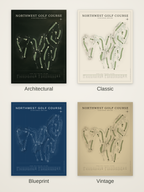Northwest Golf Course map poster in four styles: Architectural, Classic, Blueprint and Vintage