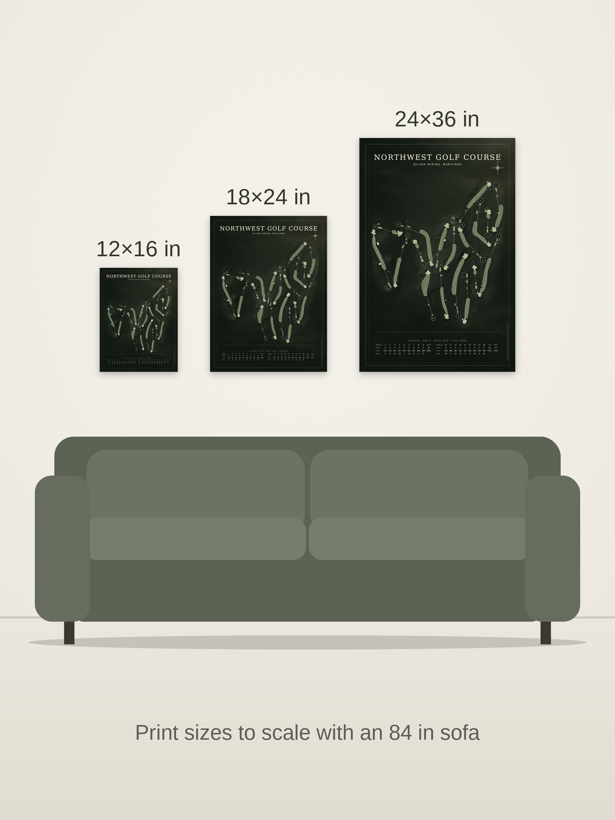 Northwest Golf Course map poster in the Architectural style at 12×16, 18×24 and 24×36 inches, shown to scale on a wall above an 84-inch sofa