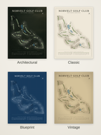 Norvelt Golf Club course map poster in four styles: Architectural, Classic, Blueprint and Vintage