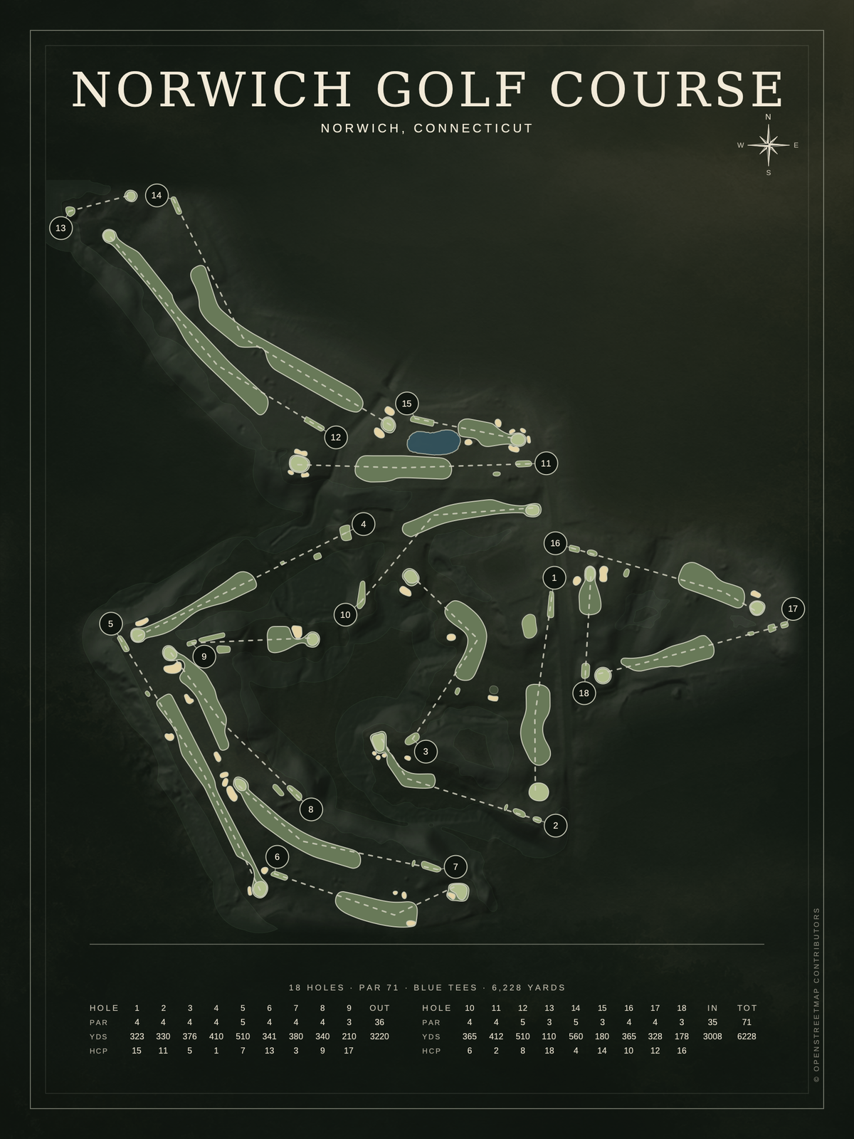 Norwich Golf Course map poster, Architectural style, 12×16 / 18×24
