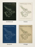 Norwich Golf Course map poster in four styles: Architectural, Classic, Blueprint and Vintage
