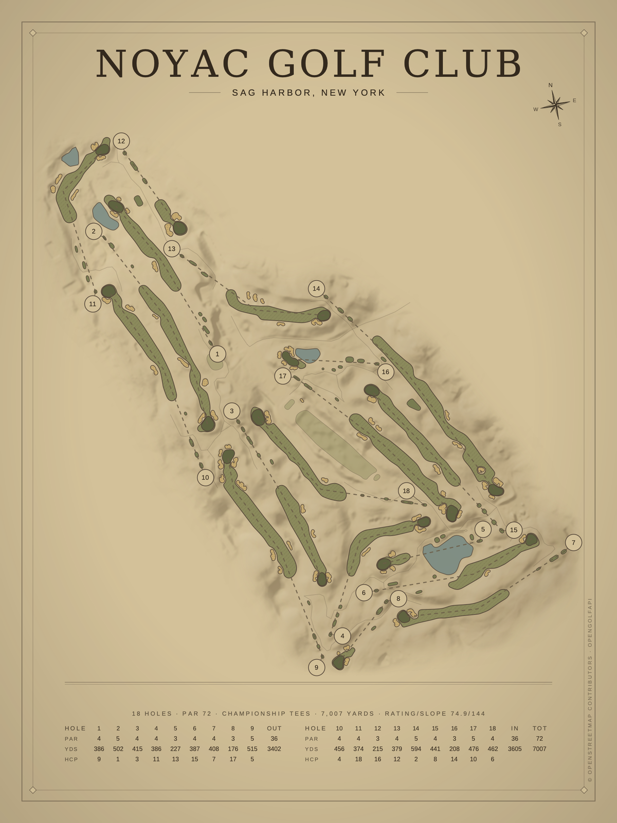 Noyac Golf Club course map poster, Vintage style, 12×16 / 18×24