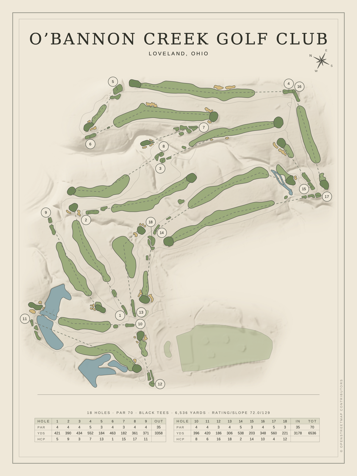 O’Bannon Creek Golf Club course map poster, Classic style, 12×16 / 18×24