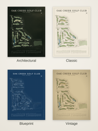 Oak Creek Golf Club course map poster in four styles: Architectural, Classic, Blueprint and Vintage
