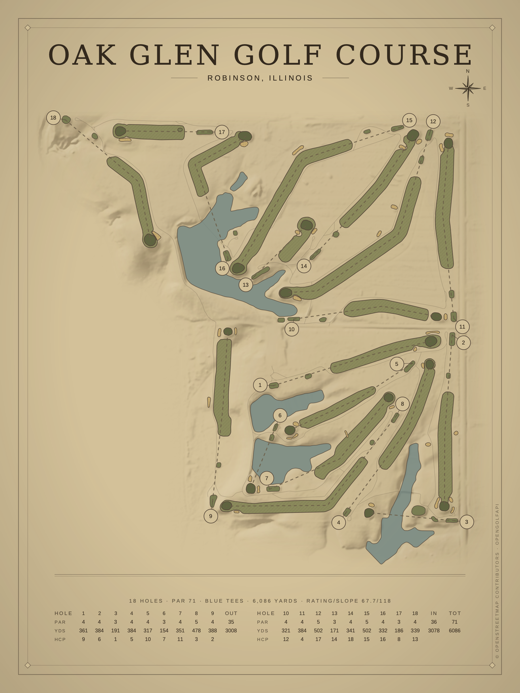 Oak Glen Golf Course map poster, Vintage style, 12×16 / 18×24