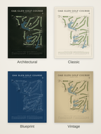 Oak Glen Golf Course map poster in four styles: Architectural, Classic, Blueprint and Vintage