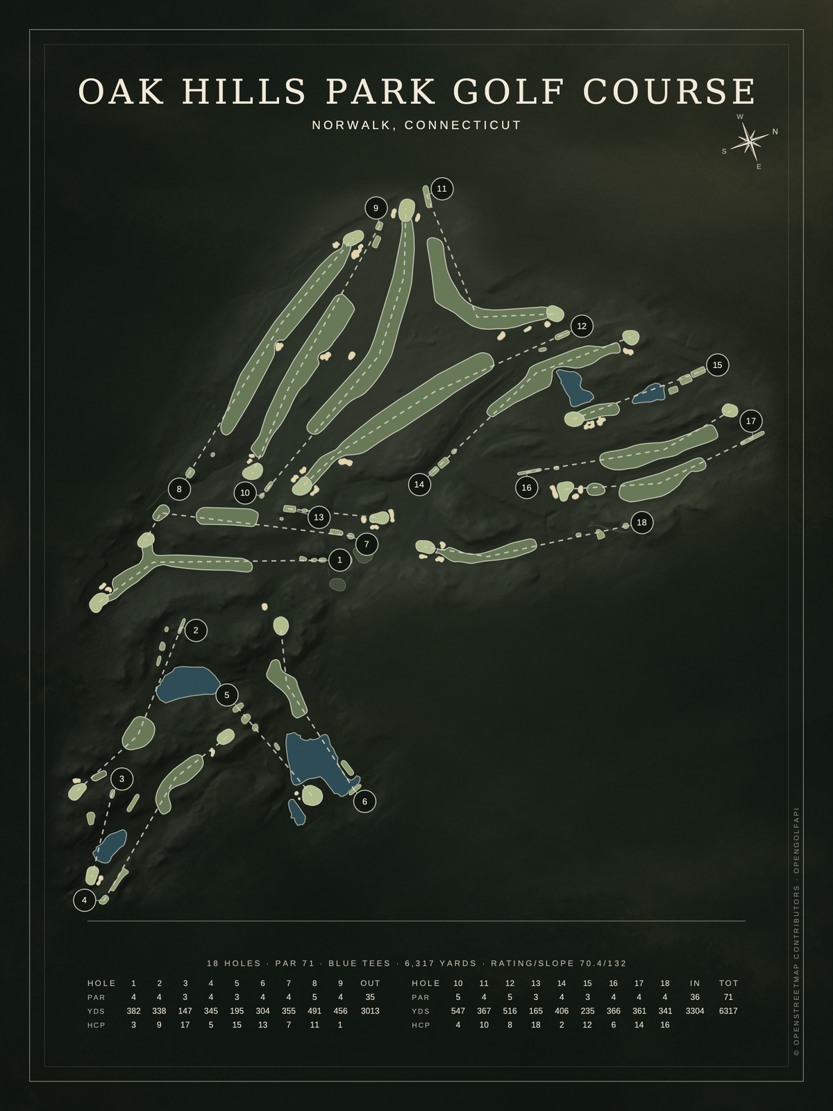 Oak Hills Park Golf Course map poster, Architectural style, 12×16 / 18×24