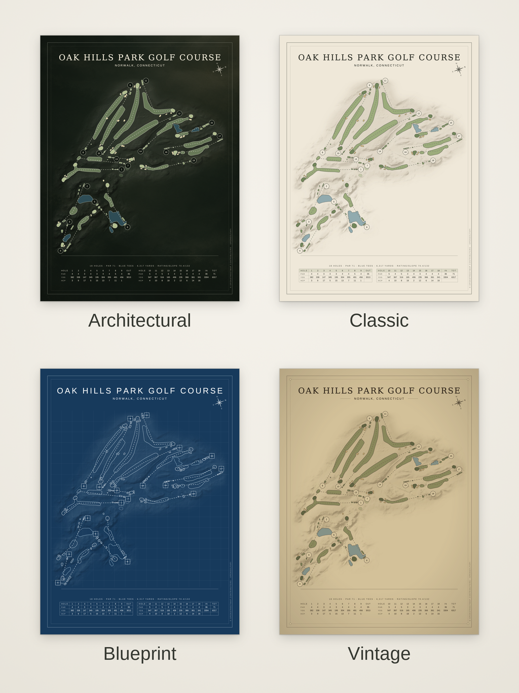 Oak Hills Park Golf Course map poster in four styles: Architectural, Classic, Blueprint and Vintage