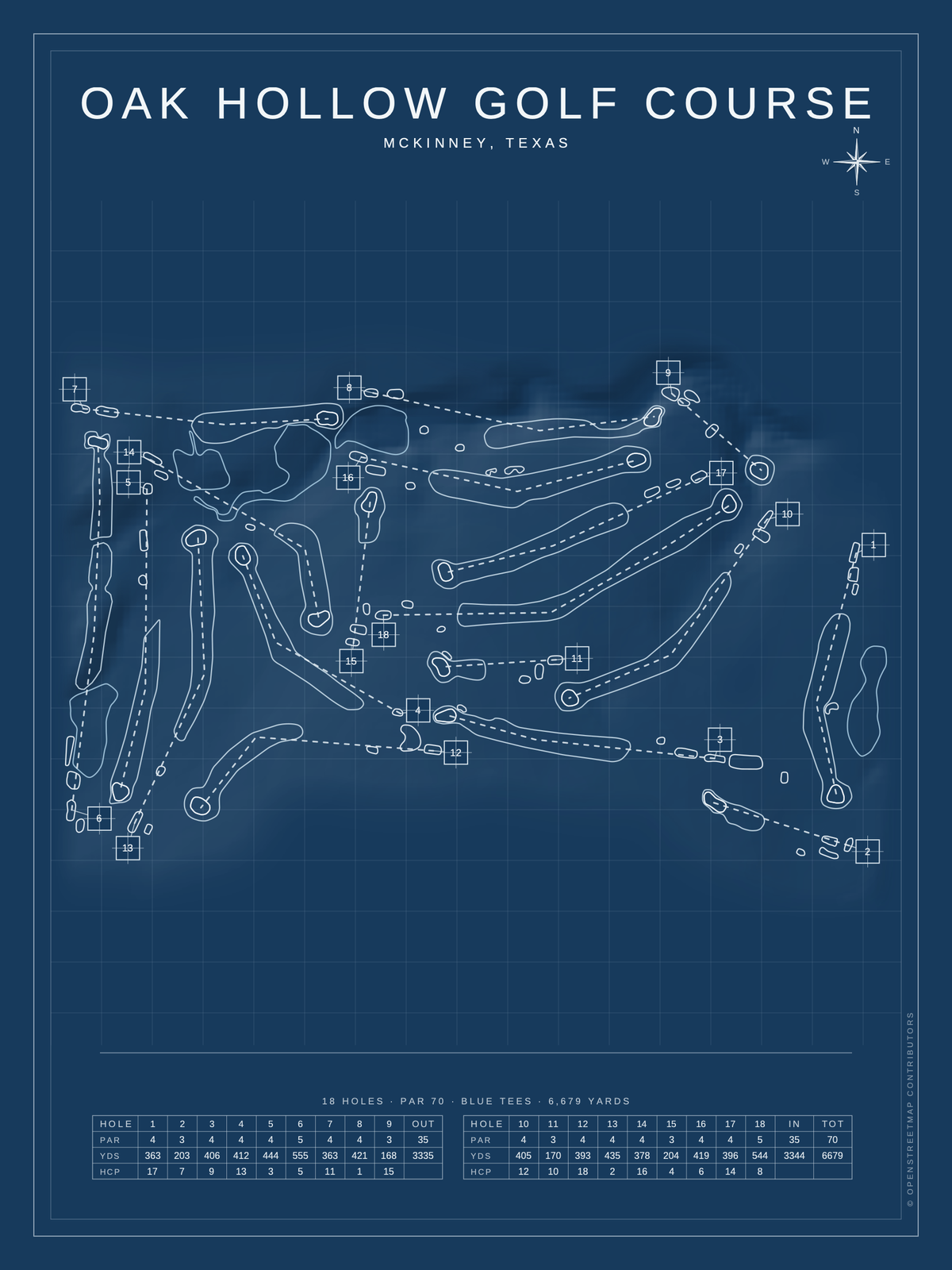 Oak Hollow Golf Course map poster, Blueprint style, 12×16 / 18×24