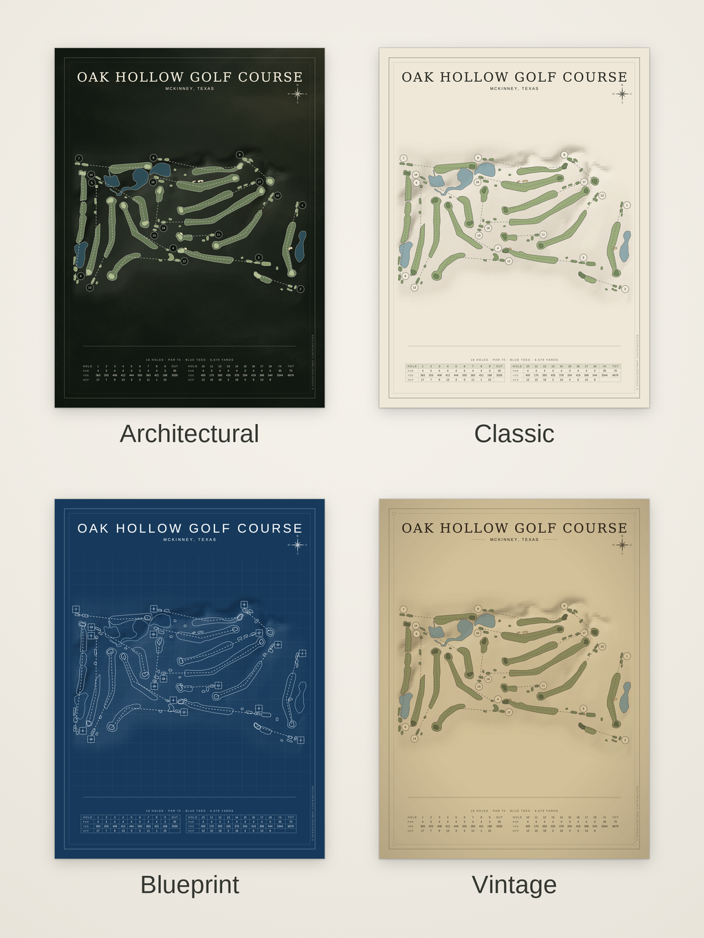 Oak Hollow Golf Course map poster in four styles: Architectural, Classic, Blueprint and Vintage