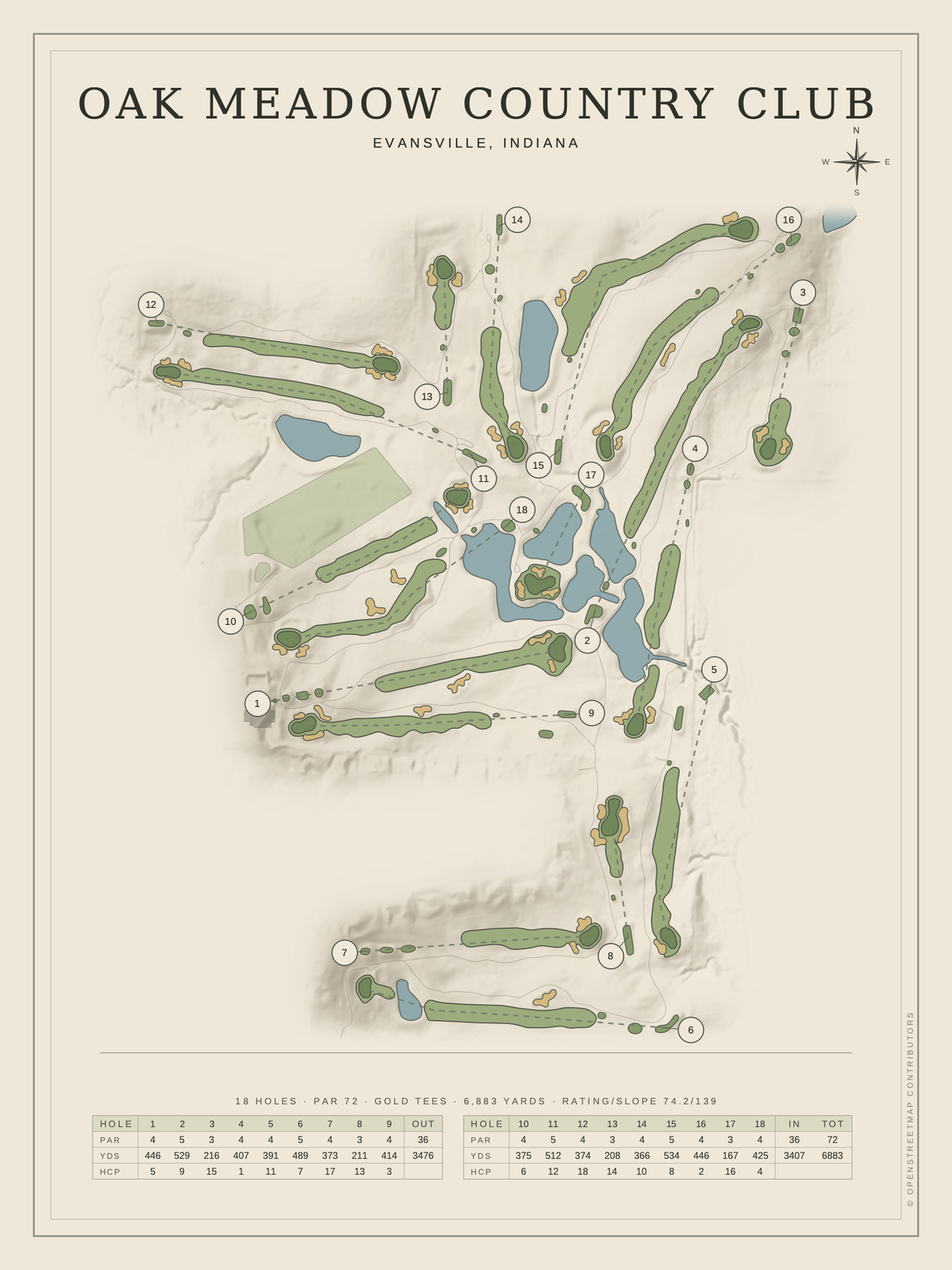 Oak Meadow Country Club course map poster, Classic style, 12×16 / 18×24