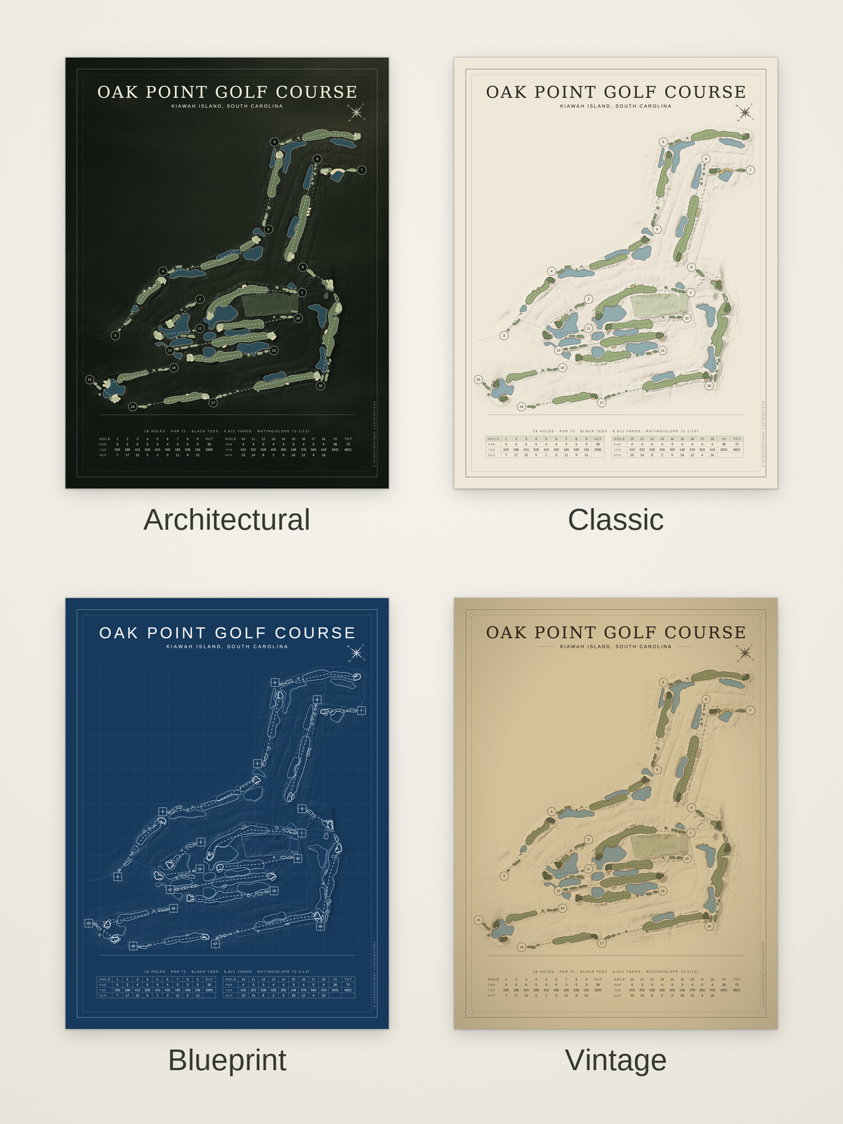 Oak Point Golf Course map poster in four styles: Architectural, Classic, Blueprint and Vintage