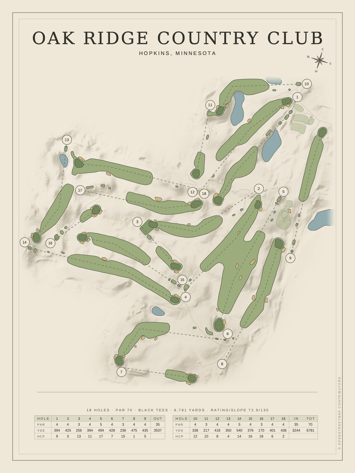 Oak Ridge Country Club course map poster, Classic style, 12×16 / 18×24