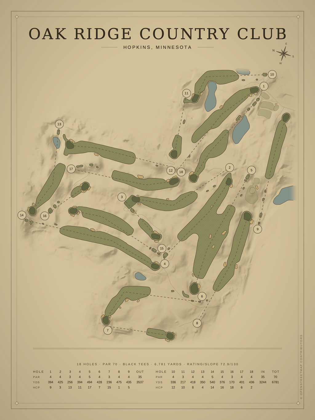 Oak Ridge Country Club course map poster, Vintage style, 12×16 / 18×24