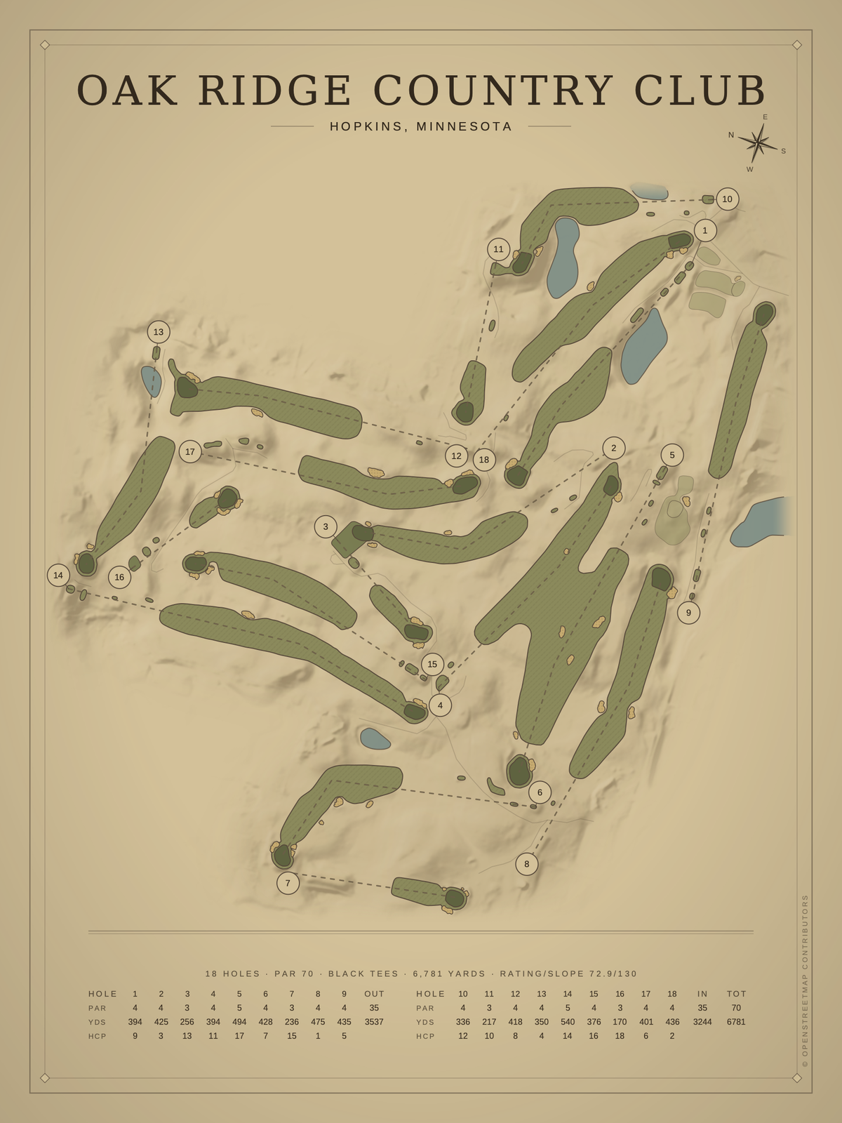 Oak Ridge Country Club course map poster, Vintage style, 12×16 / 18×24