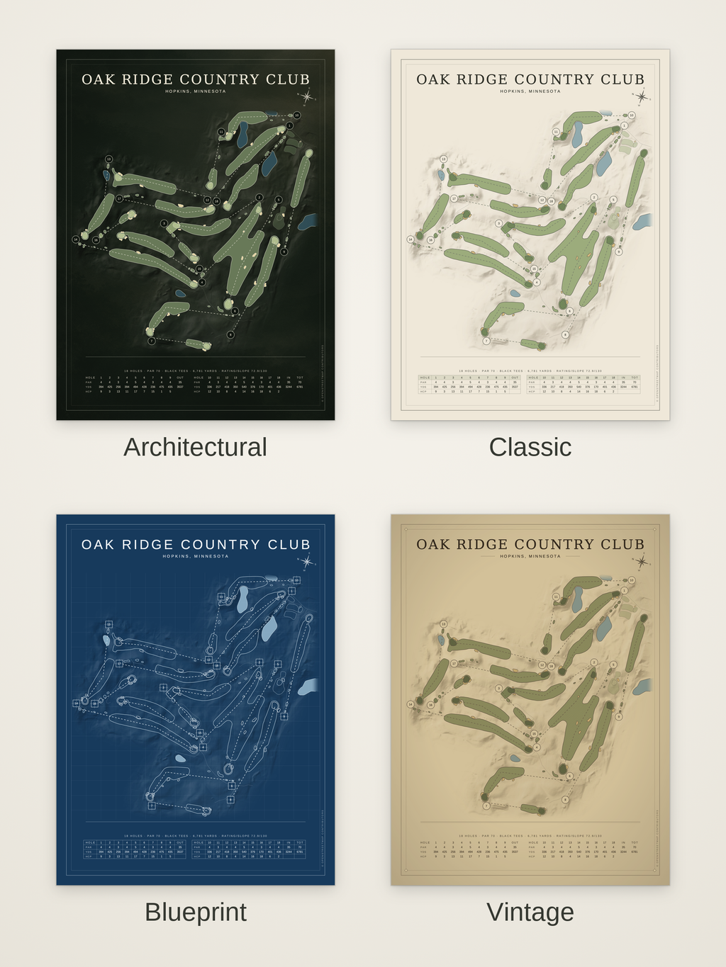 Oak Ridge Country Club course map poster in four styles: Architectural, Classic, Blueprint and Vintage