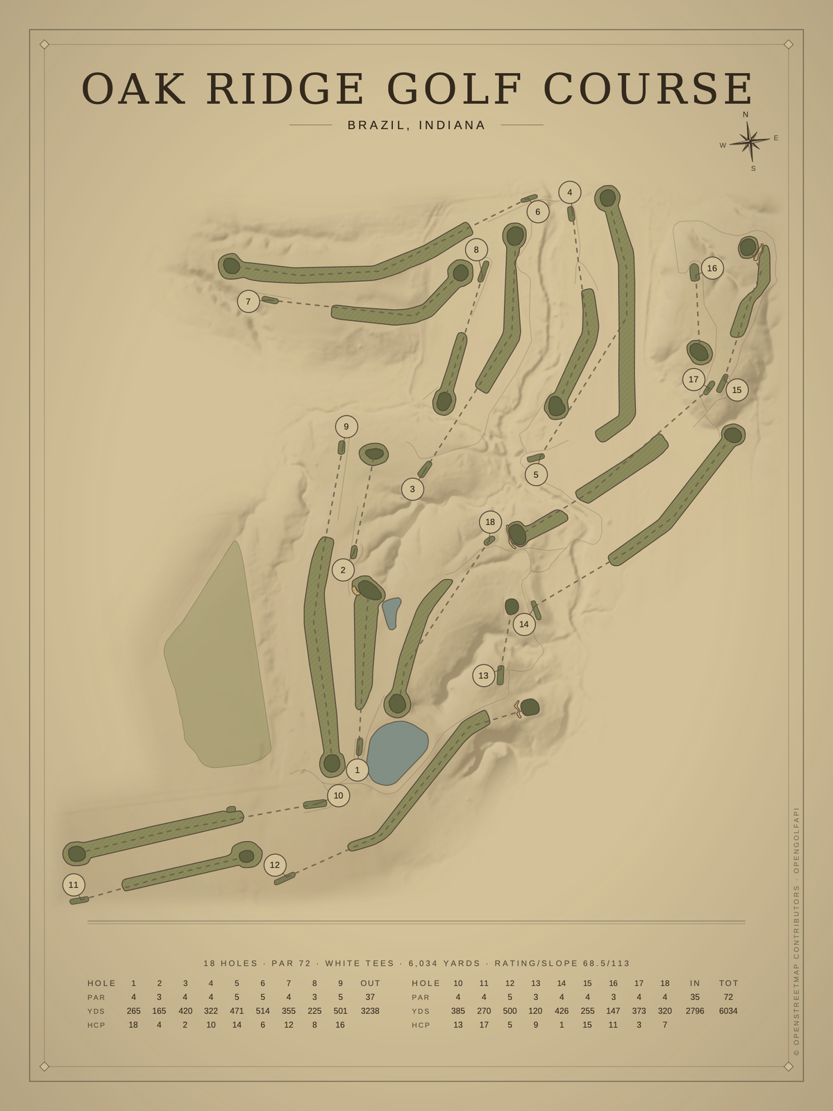 Oak Ridge Golf Course map poster, Vintage style, 12×16 / 18×24