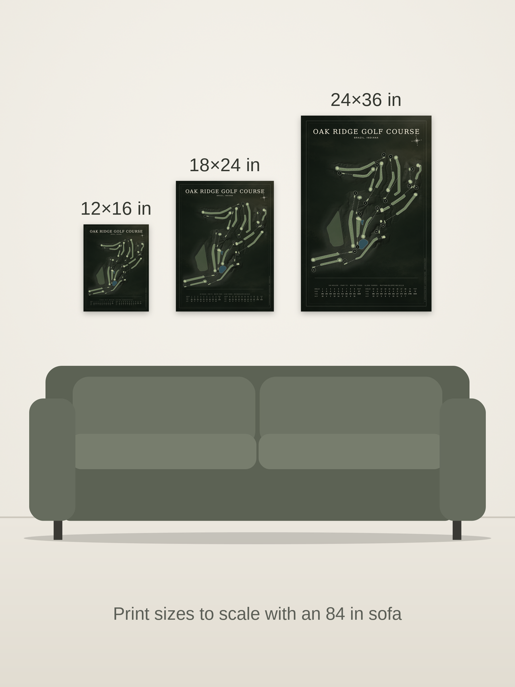 Oak Ridge Golf Course map poster in the Architectural style at 12×16, 18×24 and 24×36 inches, shown to scale on a wall above an 84-inch sofa