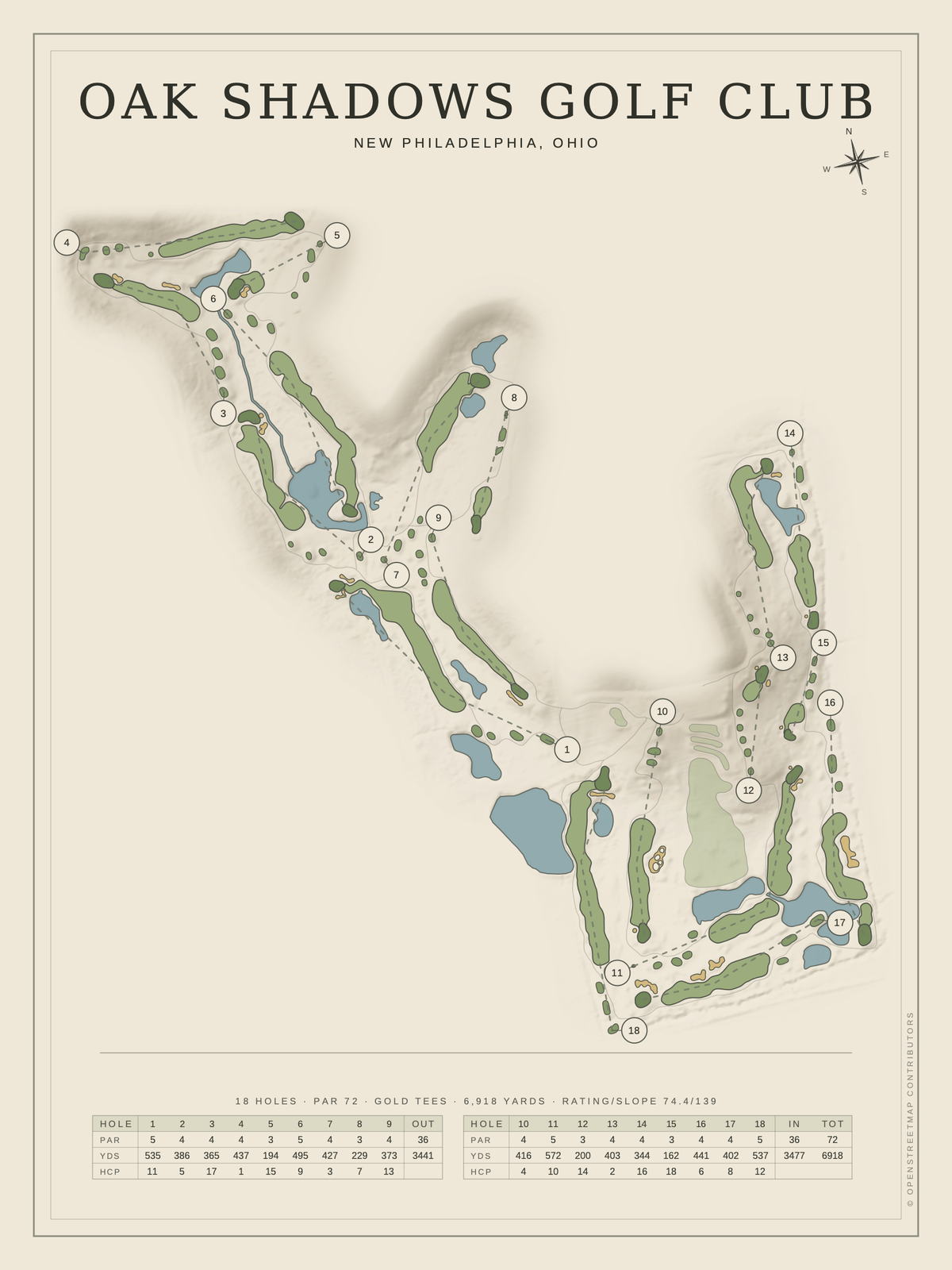 Oak Shadows Golf Club course map poster, Classic style, 12×16 / 18×24