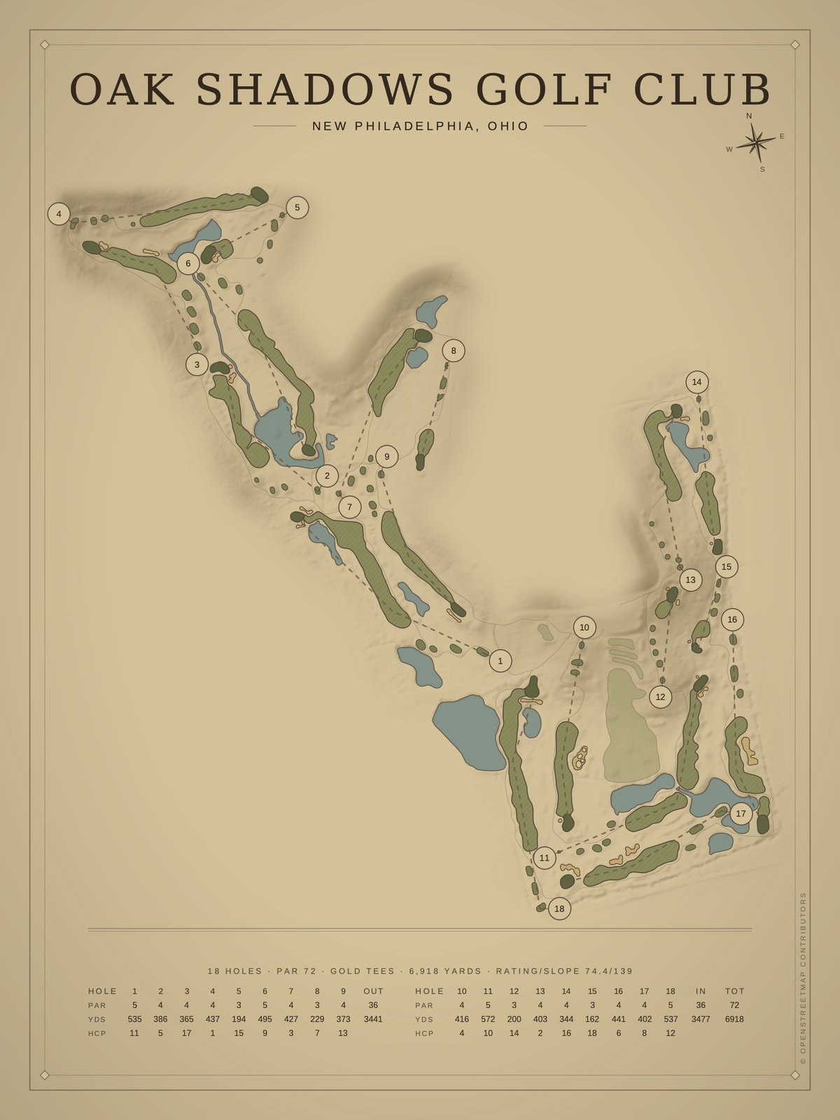 Oak Shadows Golf Club course map poster, Vintage style, 12×16 / 18×24