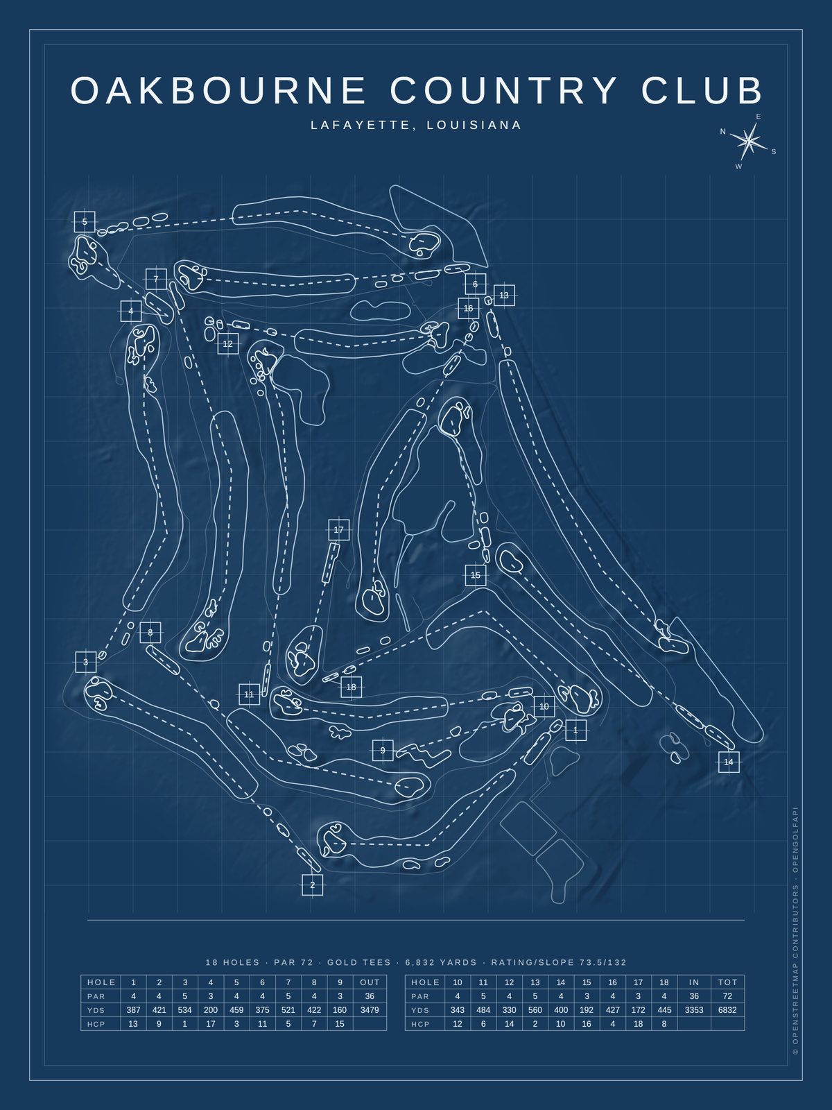 Oakbourne Country Club course map poster, Blueprint style, 12×16 / 18×24