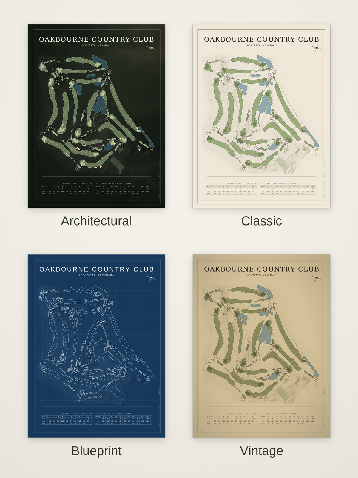 Oakbourne Country Club course map poster in four styles: Architectural, Classic, Blueprint and Vintage