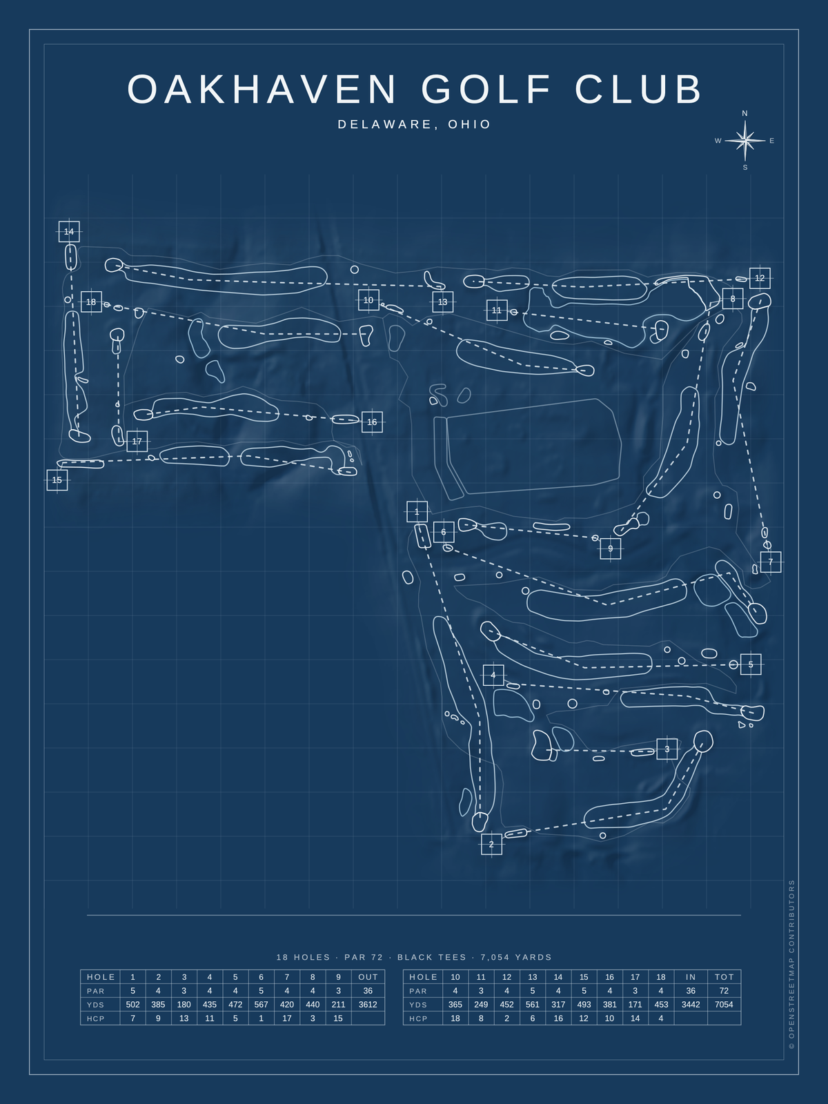 Oakhaven Golf Club course map poster, Blueprint style, 12×16 / 18×24