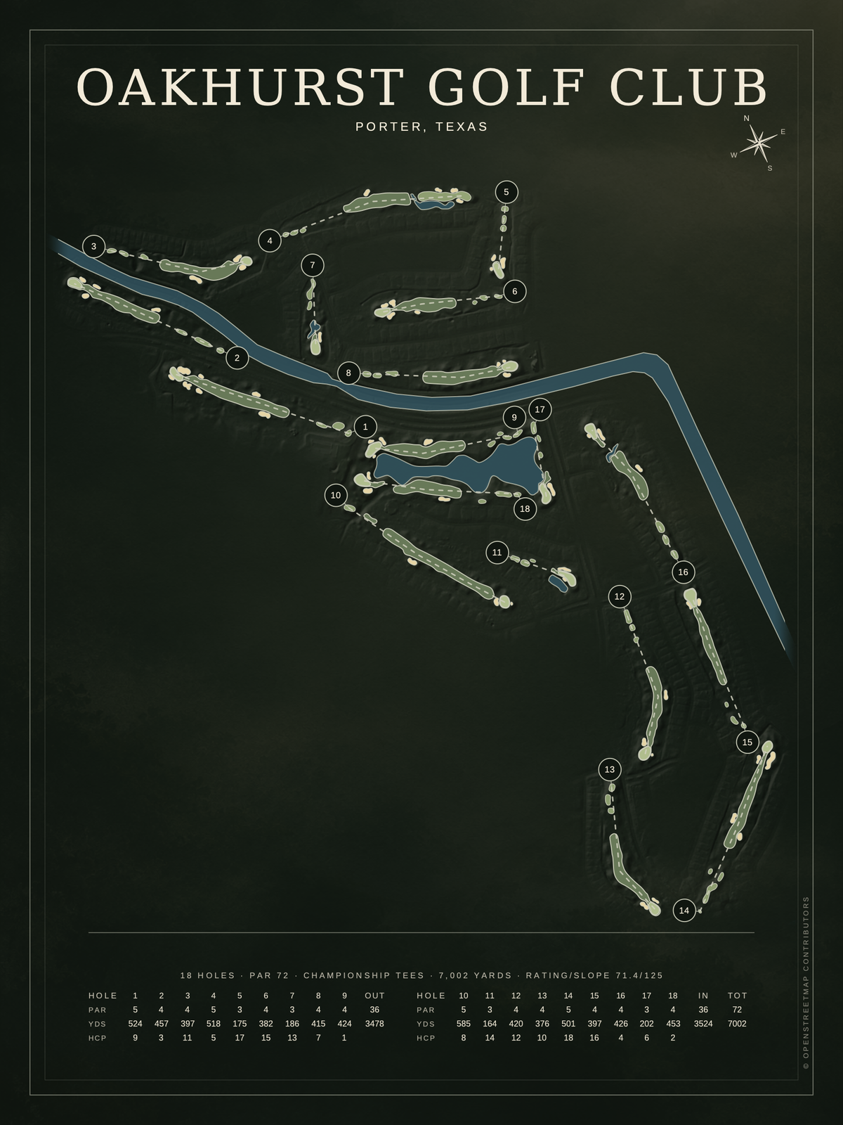 Oakhurst Golf Club course map poster, Architectural style, 12×16 / 18×24