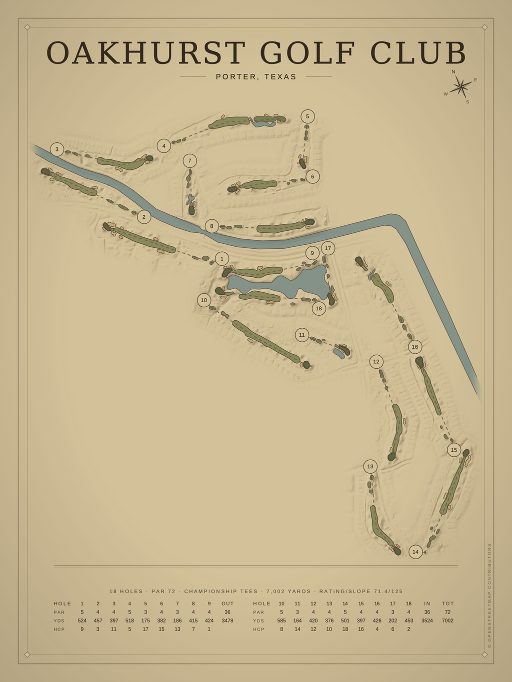 Oakhurst Golf Club course map poster, Vintage style, 12×16 / 18×24