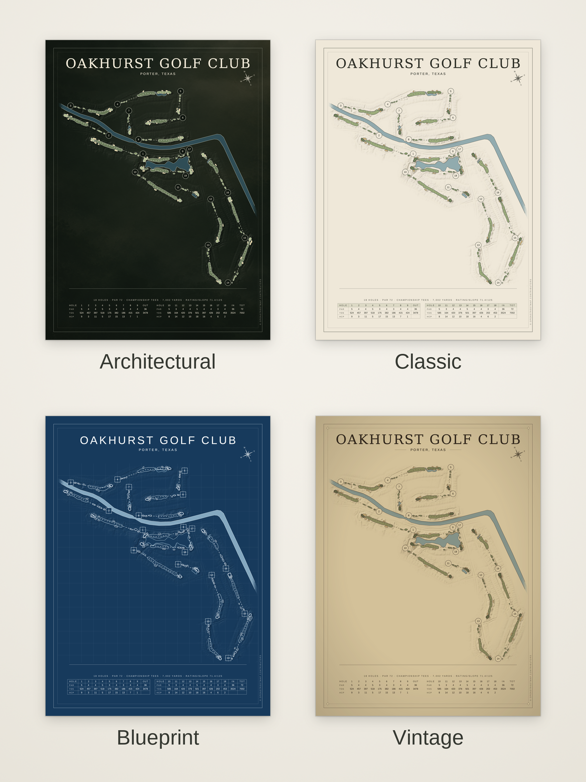 Oakhurst Golf Club course map poster in four styles: Architectural, Classic, Blueprint and Vintage