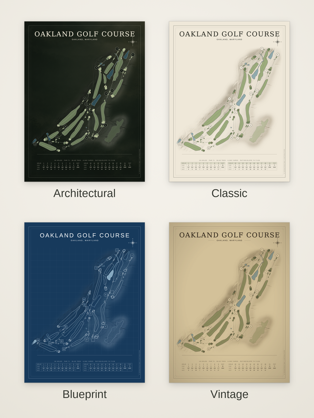 Oakland Golf Course map poster in four styles: Architectural, Classic, Blueprint and Vintage