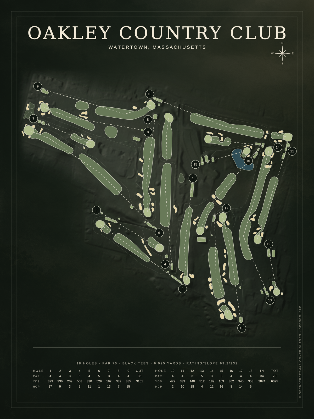 Oakley Country Club course map poster, Architectural style, 12×16 / 18×24