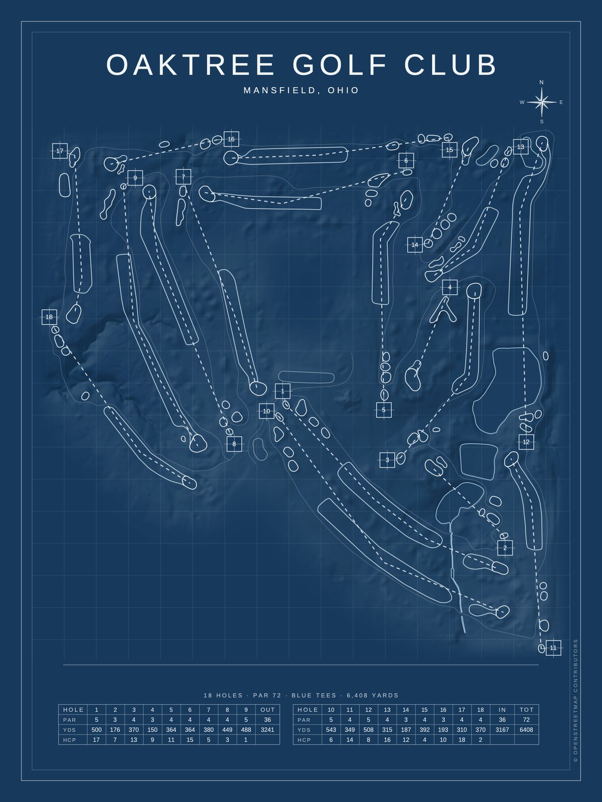 Oaktree Golf Club course map poster, Blueprint style, 12×16 / 18×24