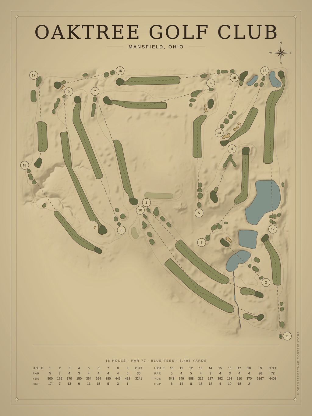 Oaktree Golf Club course map poster, Vintage style, 12×16 / 18×24
