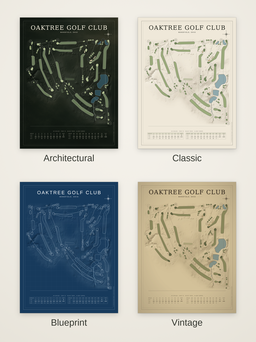 Oaktree Golf Club course map poster in four styles: Architectural, Classic, Blueprint and Vintage
