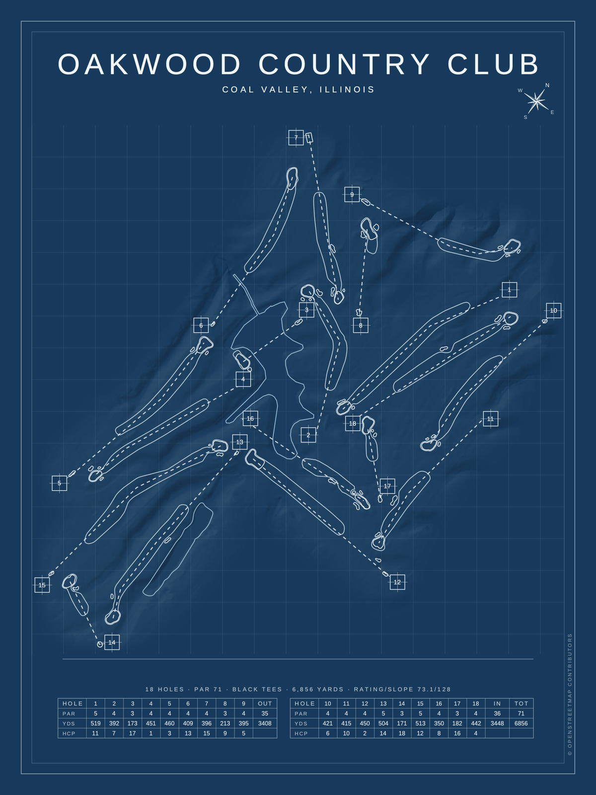 Oakwood Country Club course map poster, Blueprint style, 12×16 / 18×24