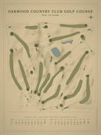 Oakwood Country Club Golf Course map poster, Vintage style, 12×16 / 18×24