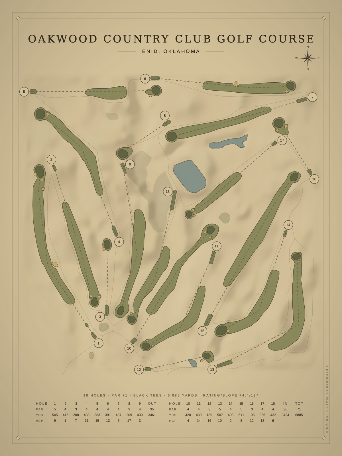 Oakwood Country Club Golf Course map poster, Vintage style, 12×16 / 18×24