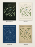 Oakwood Country Club Golf Course map poster in four styles: Architectural, Classic, Blueprint and Vintage