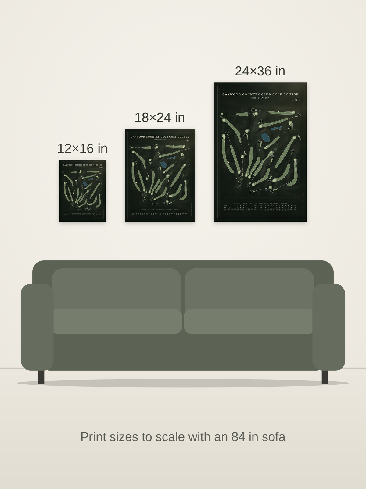 Oakwood Country Club Golf Course map poster in the Architectural style at 12×16, 18×24 and 24×36 inches, shown to scale on a wall above an 84-inch sofa