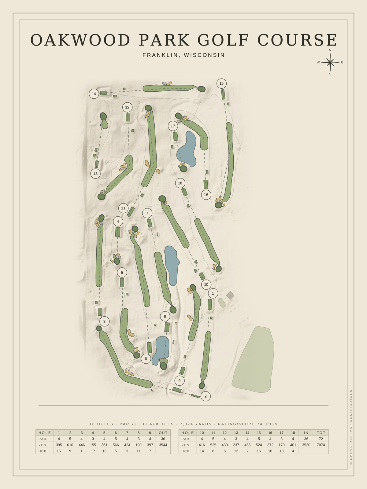 Oakwood Park Golf Course map poster, Classic style, 12×16 / 18×24