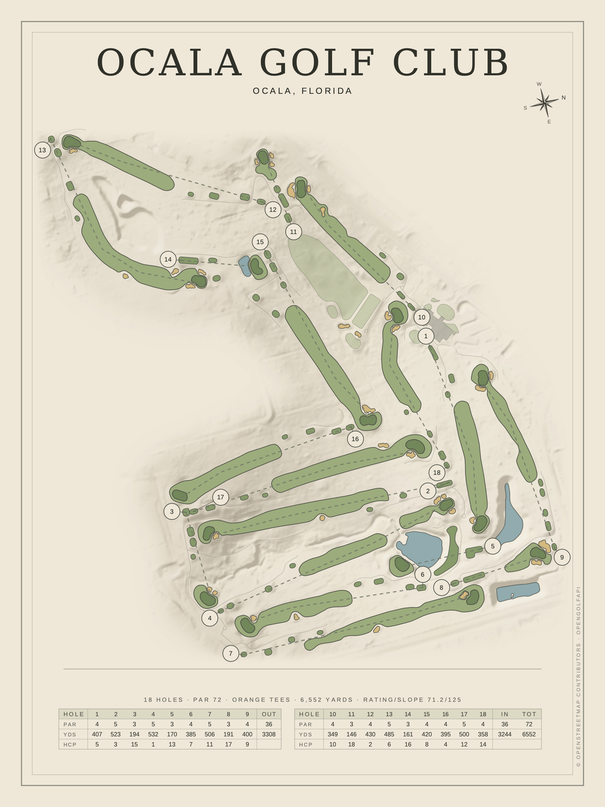 Ocala Golf Club course map poster, Classic style, 12×16 / 18×24