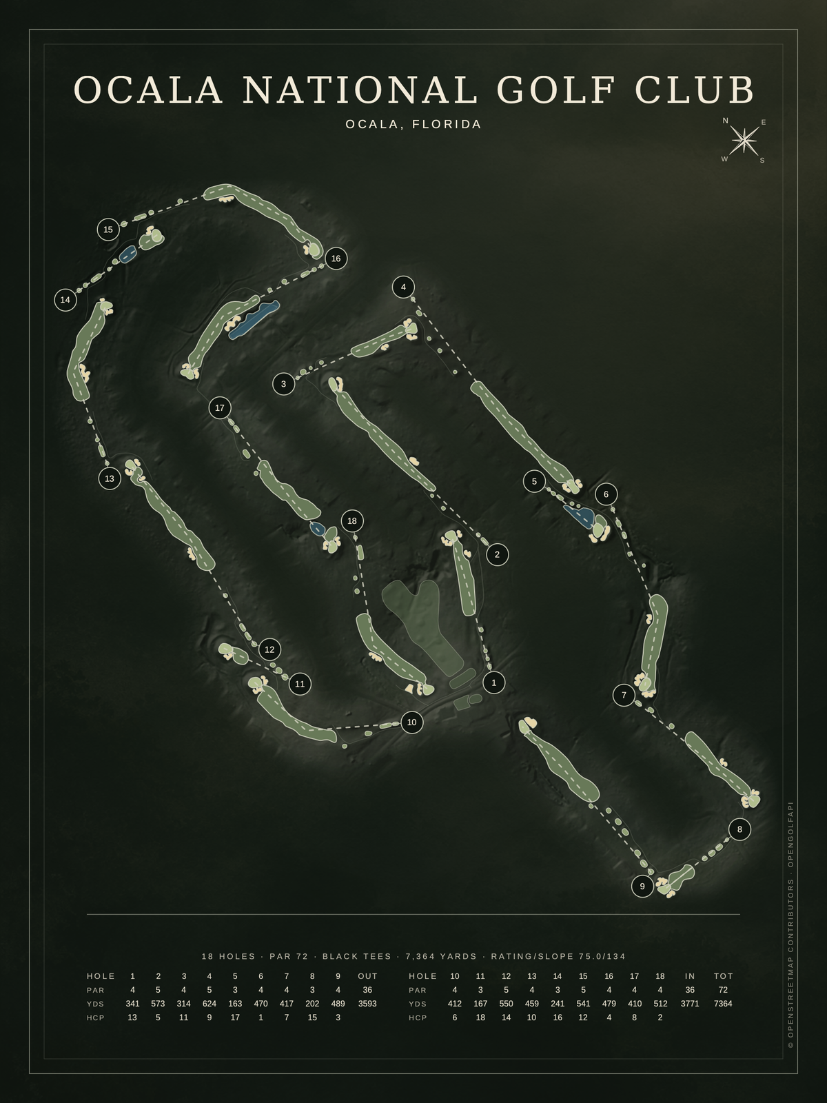 Ocala National Golf Club course map poster, Architectural style, 12×16 / 18×24