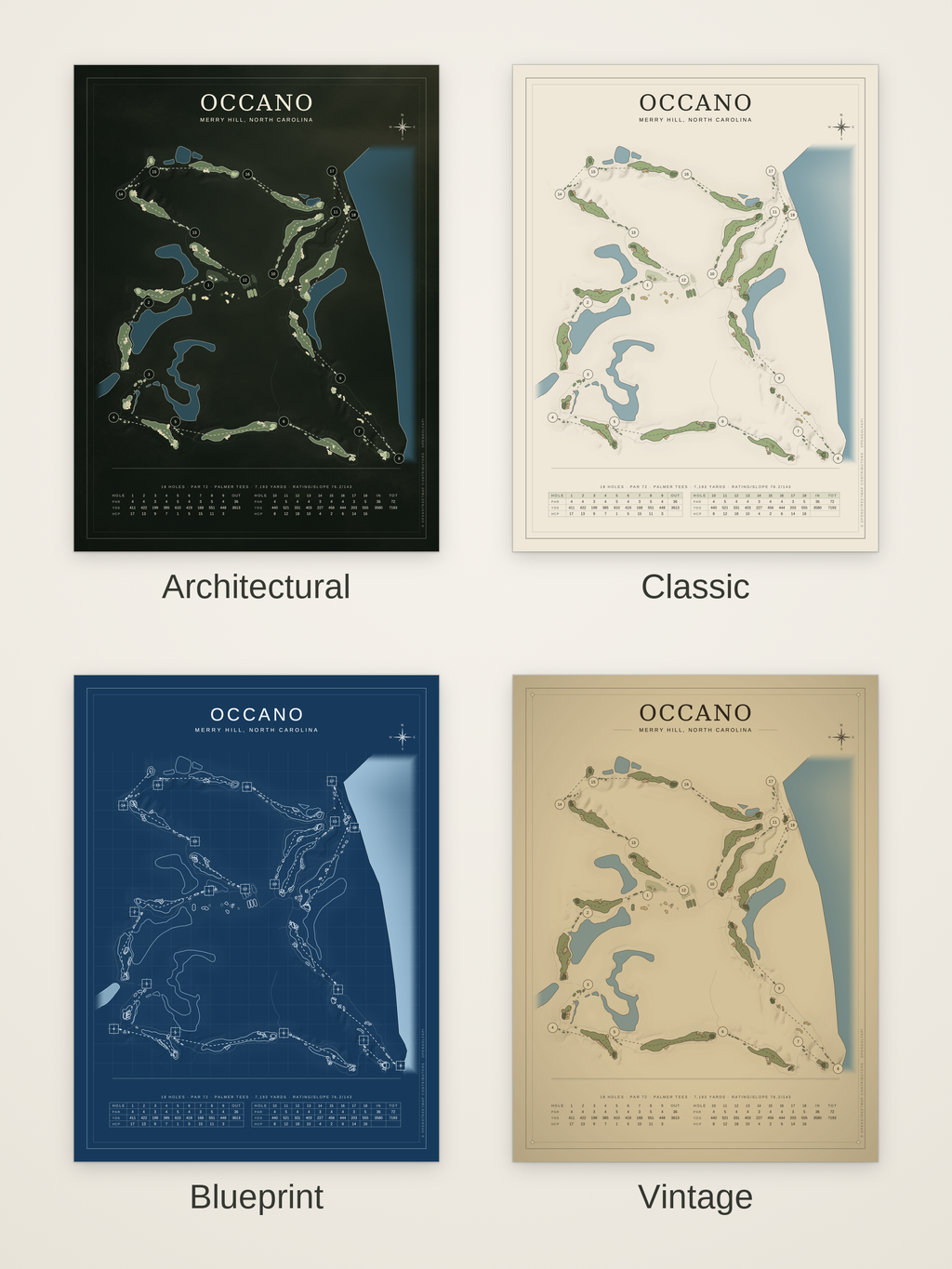 Occano course map poster in four styles: Architectural, Classic, Blueprint and Vintage