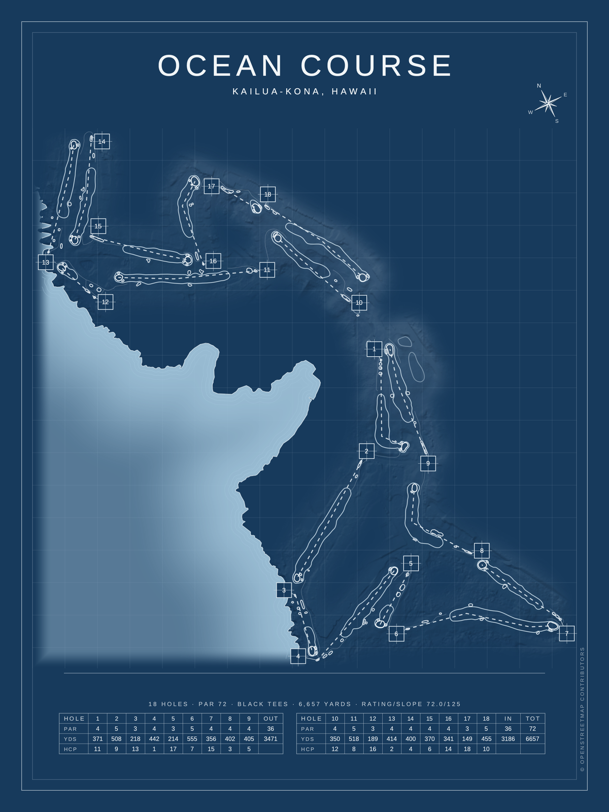 Ocean Course map poster, Blueprint style, 12×16 / 18×24