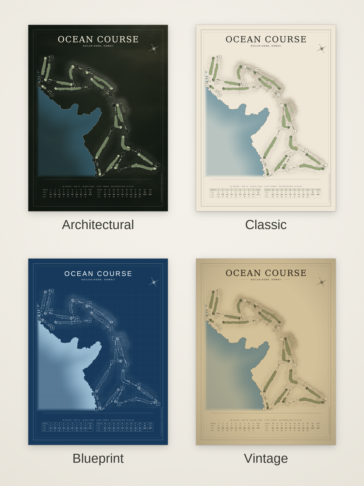 Ocean Course map poster in four styles: Architectural, Classic, Blueprint and Vintage
