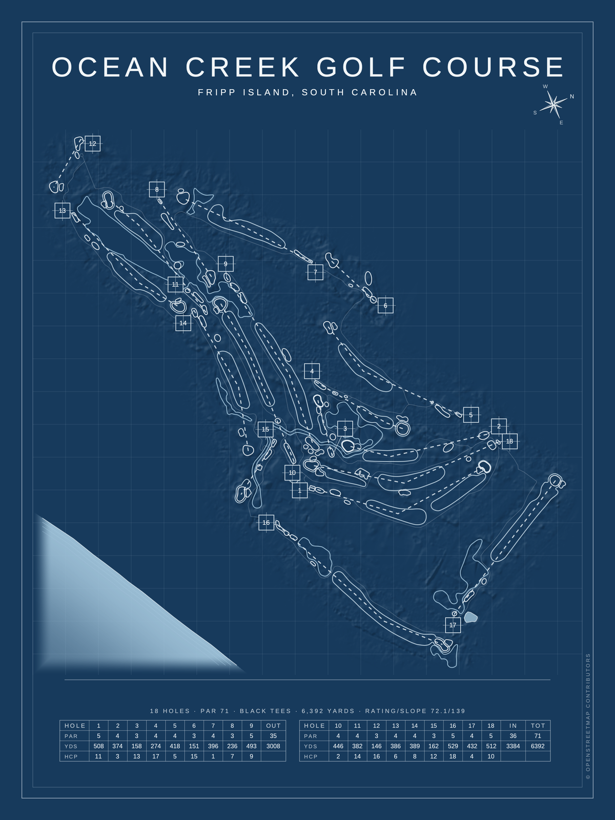 Ocean Creek Golf Course map poster, Blueprint style, 12×16 / 18×24